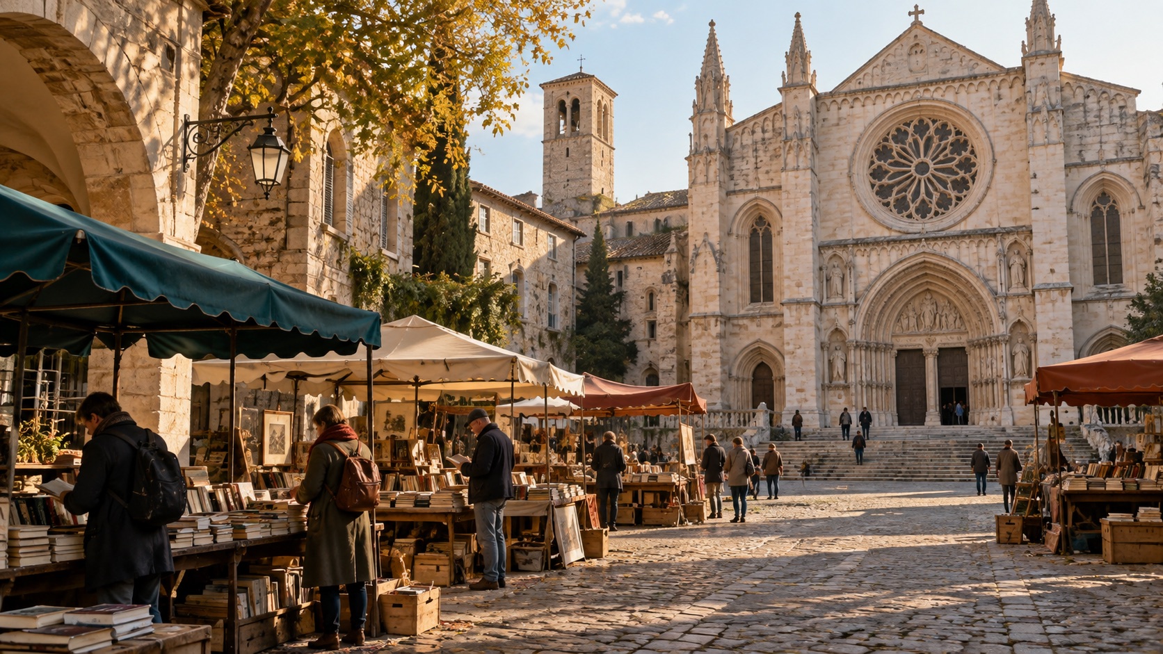 People browsing open-air book stalls beneath canvas awnings, with a pale stone cathedral overlooking the square.